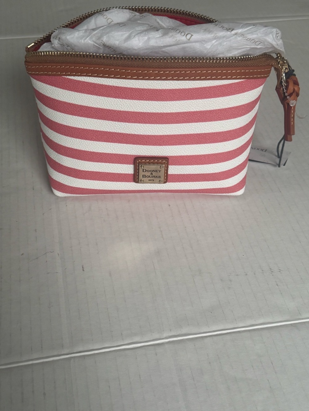Dooney & Bourke Coral and White Striped Cosmetic Pouch with Leather Trim